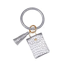 Coin Purse Bracelet Keychain PU Tassel Leather Crocodile Pattern Card Bag(Silver)
