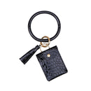 Coin Purse Bracelet Keychain PU Tassel Leather Crocodile Pattern Card Bag(Black )