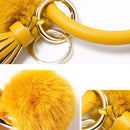 2 PCS Fringed Bracelet Keychain Circle Anti-Lost PU Leather Hairball Bracelet Keyring Pendant(Yellow)