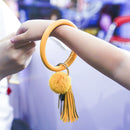 2 PCS Fringed Bracelet Keychain Circle Anti-Lost PU Leather Hairball Bracelet Keyring Pendant(Black)