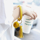 2 PCS Fringed Bracelet Keychain Circle Anti-Lost PU Leather Hairball Bracelet Keyring Pendant( Green)