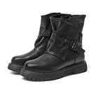 Leather Martin Boots Female Autumn And Winter Middle Tube Retro Leather Boots, Size: 39(Black Plus Velvet)