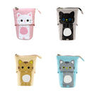 Corduroy Retractable Drop-Down Pencil Case Student Stationery Storage Bag(Gray Cat)