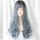 Wigs Long Curly Hair Women Thin And Light Texture Headgear Air Bangs Simulation Big Scalp Hair Cover, Colour: Haze Blue 68CM