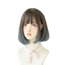 Wig Female Short Hair Bobo Student Head Round Face Full Top Headgear Natural Gradient Color Internal Buckle Straight Hair(Gradient Haze Blue 30CM)