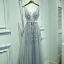 Sexy V-neck Evening Dress Robe Tulle Applique Evening Dresses, Size:XXL (Silver Gray)