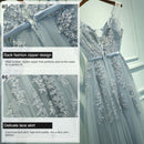 Sexy V-neck Evening Dress Robe Tulle Applique Evening Dresses, Size:XXL (Silver Gray)