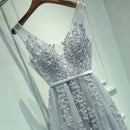 Sexy V-neck Evening Dress Robe Tulle Applique Evening Dresses, Size:XXL (Silver Gray)