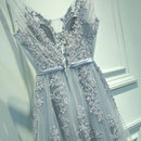 Sexy V-neck Evening Dress Robe Tulle Applique Evening Dresses, Size:XXL (Silver Gray)
