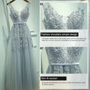Sexy V-neck Evening Dress Robe Tulle Applique Evening Dresses, Size:XXXL (Silver Gray)