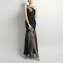 Sequins Beading Evening Dresses Mermaid Long Formal Prom Party Dress, Size:XXL(Black)