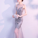 Sequins Beading Evening Dresses Mermaid Long Formal Prom Party Dress, Size:XXL(Silver)