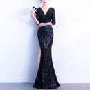 V-neck See-through Back Sequins Party Formal Dress Half Sleeve Sexy Long Evening Dresses, Size:S(Black)