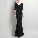 V-neck See-through Back Sequins Party Formal Dress Half Sleeve Sexy Long Evening Dresses, Size:M(Black)