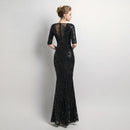 V-neck See-through Back Sequins Party Formal Dress Half Sleeve Sexy Long Evening Dresses, Size:M(Black)