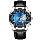 FNGEEN S001 Men Waterproof Watch Calendar Watch(Black Leather White Steel Blue Surface)