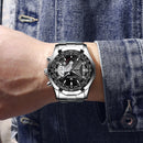 FNGEEN S001 Men Waterproof Watch Calendar Watch(Black Leather White Steel White Flour)