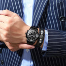 FNGEEN 4006 Men Trendy Waterproof Quartz Watch(Black Leather Black Steel Blue Surface)