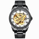 FNGEEN 8866 Men Waterproof Watch Fashion Double-Sided Hollow Automatic Mechanical Watch(Black Leather Black Steel White Surface)