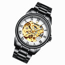 FNGEEN 8866 Men Waterproof Watch Fashion Double-Sided Hollow Automatic Mechanical Watch(Black Leather Black Steel White Surface)