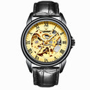 FNGEEN 8866 Men Waterproof Watch Fashion Double-Sided Hollow Automatic Mechanical Watch(Black Leather Black Steel Gold Surface)