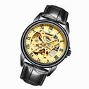 FNGEEN 8866 Men Waterproof Watch Fashion Double-Sided Hollow Automatic Mechanical Watch(Black Leather Black Steel Gold Surface)