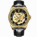 FNGEEN 8866 Men Waterproof Watch Fashion Double-Sided Hollow Automatic Mechanical Watch(Black Leather All Gold Black SurFace)