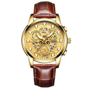 FNGEEN 4088 Men Hollow Quartz Watch Student Waterproof Luminous Watch(Brown Leather Full Golden Surface)