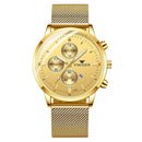 FNGEEN W5128 Men Three Eyes Subdial Luminous Quartz Watch Student Simple Watch(Gold Mesh Gold Shell Gold Surface)