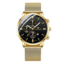 FNGEEN W5128 Men Three Eyes Subdial Luminous Quartz Watch Student Simple Watch(Gold Mesh Gold Shell Black Surface)
