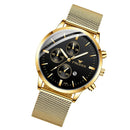 FNGEEN W5128 Men Three Eyes Subdial Luminous Quartz Watch Student Simple Watch(Gold Mesh Gold Shell Black Surface)