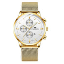 FNGEEN W5128 Men Three Eyes Subdial Luminous Quartz Watch Student Simple Watch(Gold Mesh Gold Shell White Surface)