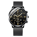 FNGEEN W5128 Men Three Eyes Subdial Luminous Quartz Watch Student Simple Watch(Black Mash Black Surface Golden Nail)