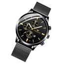 FNGEEN W5128 Men Three Eyes Subdial Luminous Quartz Watch Student Simple Watch(Black Mash Black Surface Golden Nail)