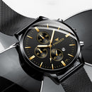 FNGEEN W5128 Men Three Eyes Subdial Luminous Quartz Watch Student Simple Watch(Gold Mesh Gold Shell Gold Surface)