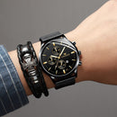 FNGEEN W5128 Men Three Eyes Subdial Luminous Quartz Watch Student Simple Watch(White Steel Black Surface White Nails)