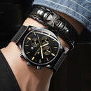 FNGEEN W5128 Men Three Eyes Subdial Luminous Quartz Watch Student Simple Watch(Black Steel Black Surface Gold Nails)