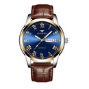 FNGEEN 4002 Men Roman Numeral Dial Sports Watch Student Luminous Quartz Watch(Brown Leather And Gold Blue Surface)