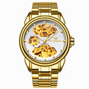 FNGEEN 8818 Men Automatic Mechanical Watch Double-Sided Hollow Watch(Gold And White Surface)