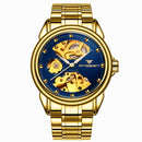 FNGEEN 8818 Men Automatic Mechanical Watch Double-Sided Hollow Watch(Gold And Blue Surface)