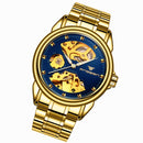 FNGEEN 8818 Men Automatic Mechanical Watch Double-Sided Hollow Watch(Gold And Blue Surface)