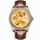 FNGEEN 8818 Men Automatic Mechanical Watch Double-Sided Hollow Watch(Leather Between Gold Golden Surface)