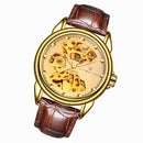 FNGEEN 8818 Men Automatic Mechanical Watch Double-Sided Hollow Watch(Leather Between Gold Golden Surface)