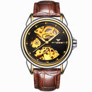 FNGEEN 8818 Men Automatic Mechanical Watch Double-Sided Hollow Watch(Leather Between Gold Black Surface)