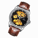 FNGEEN 8818 Men Automatic Mechanical Watch Double-Sided Hollow Watch(Leather Between Gold Black Surface)