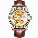FNGEEN 8818 Men Automatic Mechanical Watch Double-Sided Hollow Watch(Leather Between Gold White Surface)