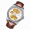 FNGEEN 8818 Men Automatic Mechanical Watch Double-Sided Hollow Watch(Leather Between Gold White Surface)