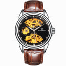 FNGEEN 8818 Men Automatic Mechanical Watch Double-Sided Hollow Watch(Leather White Steel Black Surface)