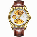 FNGEEN 8818 Men Automatic Mechanical Watch Double-Sided Hollow Watch(Leather Gold And White Surface)