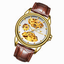 FNGEEN 8818 Men Automatic Mechanical Watch Double-Sided Hollow Watch(Leather Gold And White Surface)